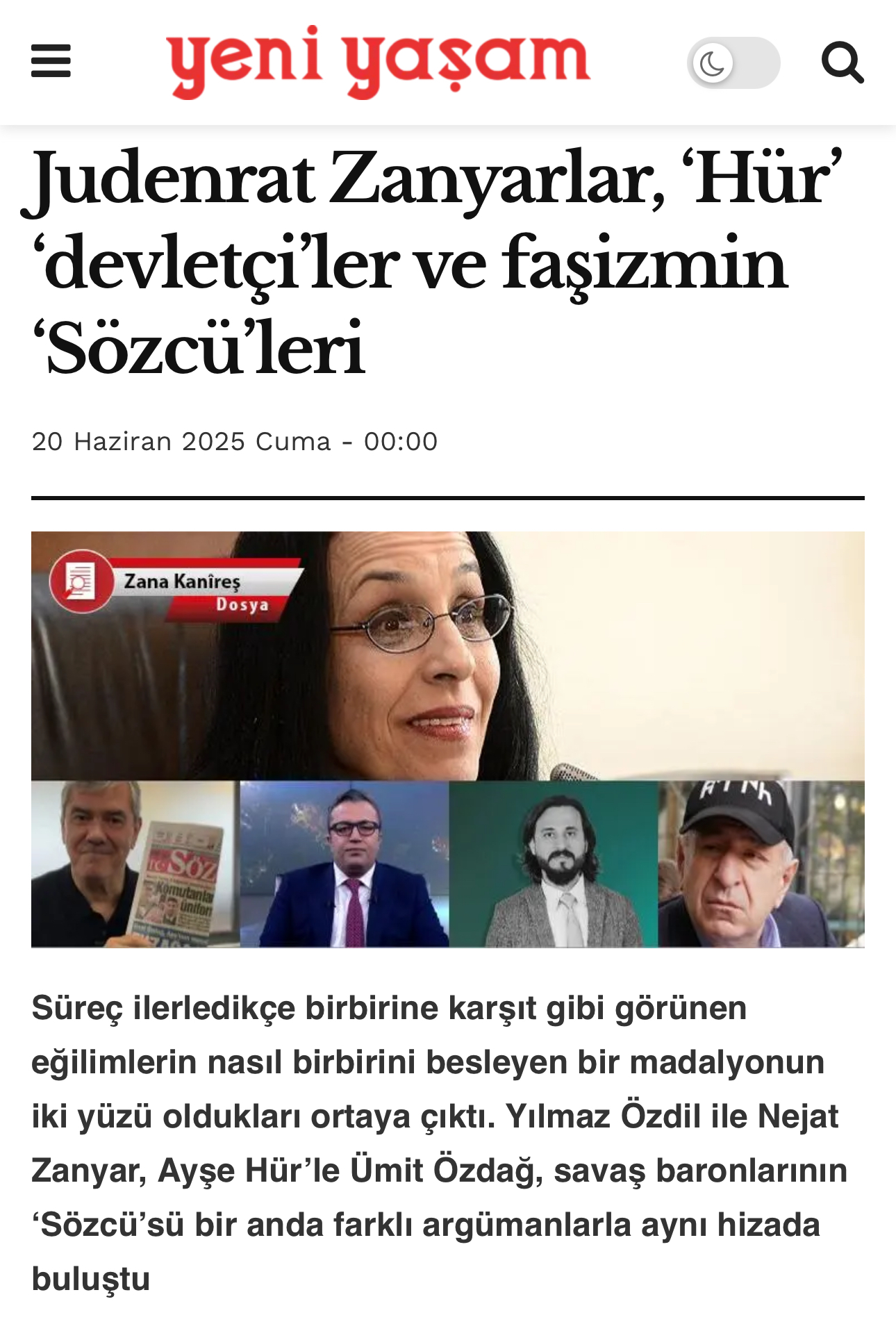 Görsel 2: Yeni Yaşam gazetesinin 20 Haziran 2025 tarihli internet sayfası