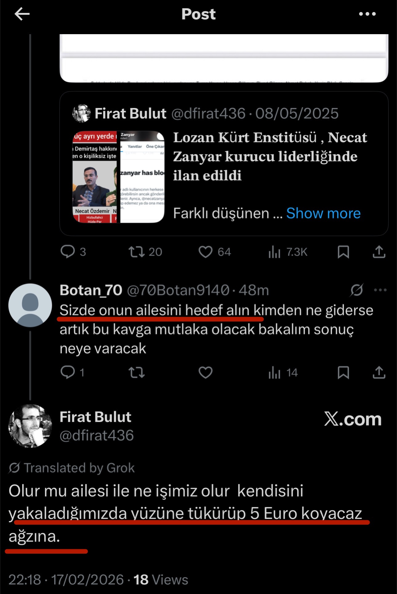 Görsel 6: Fırat Bulut'un 17 Şubat 2026 tarihli Twitter/X paylaşımı