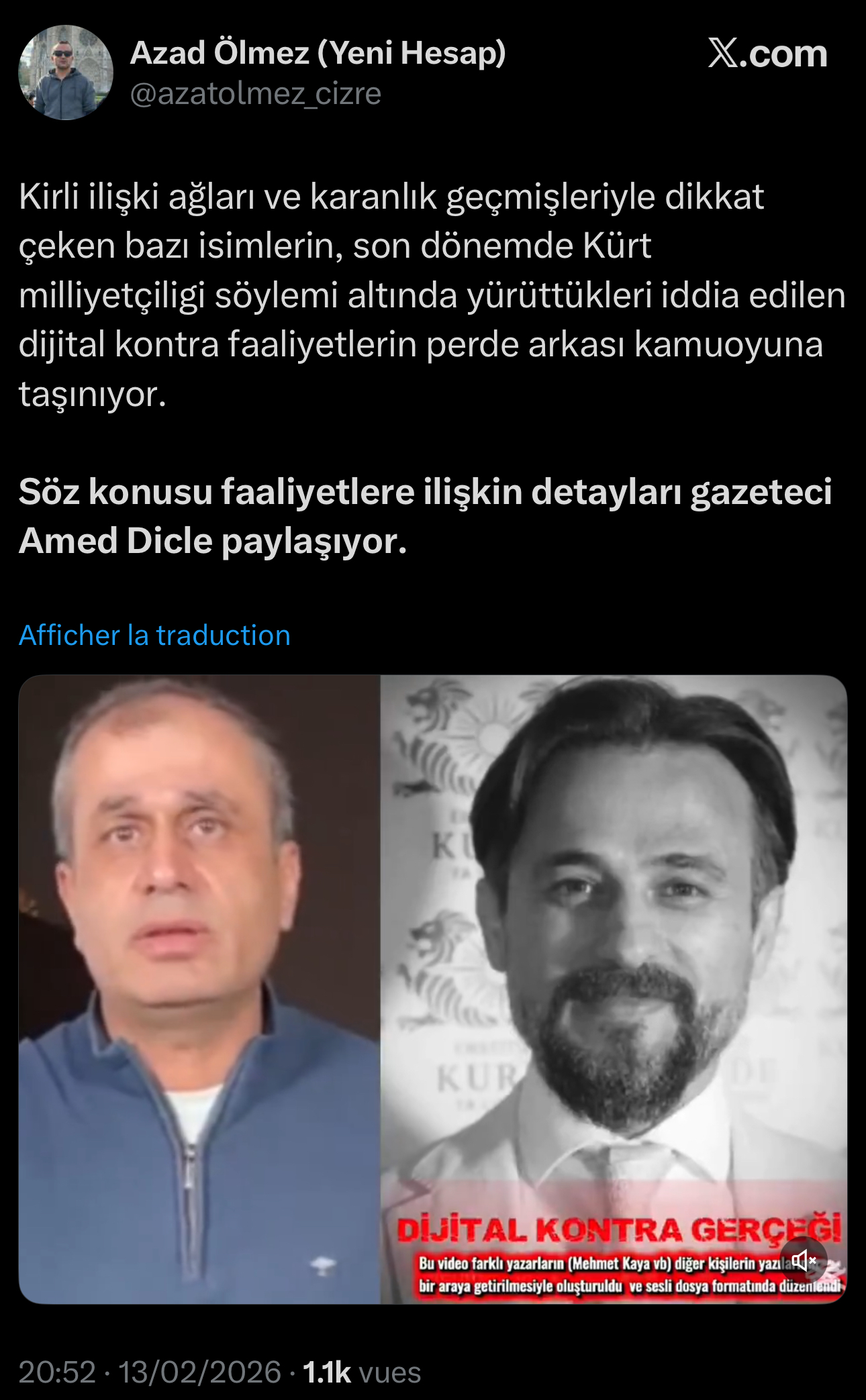 Görsel 8: Azad Ölmez'in 13 Şubat 2026 tarihli Twitter/X paylaşımı